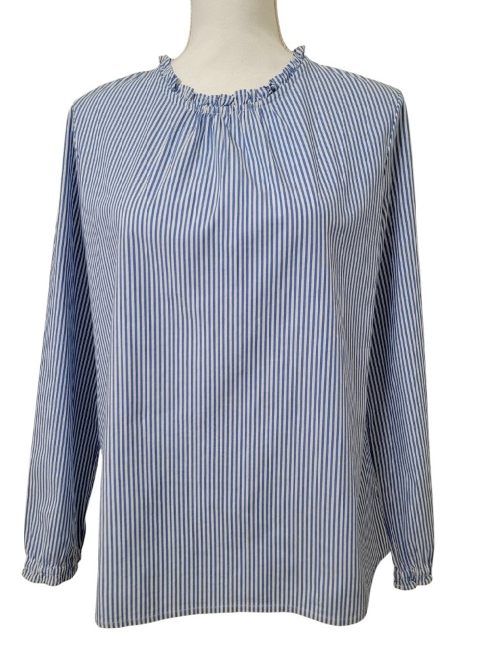 J. Crew Size S Blue & White Striped Long Sleeve Blouse with Ruffle Neck, NEW